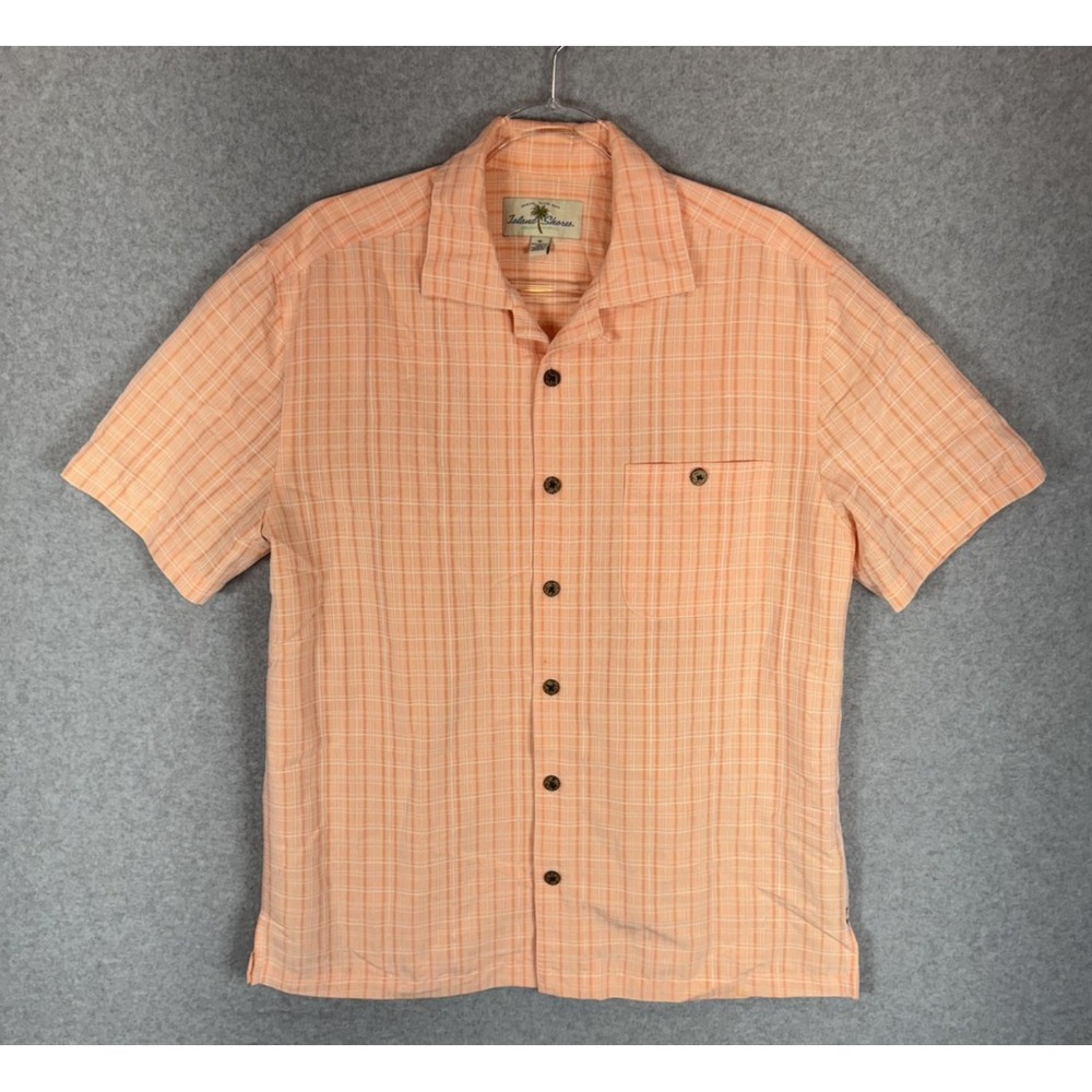 Island Shores Shirt Mens Medium Orange Plaid Short Sleeve Button Up Casual Beach